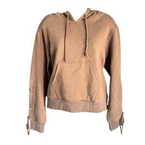 AllureLuxe Medium Brown Cowl Neck Hoodie Lace Up Sleeve Pullover
